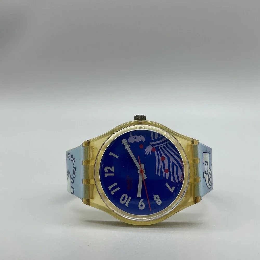 Swatch Gruau GK147 Men Watch 34mm Blue Dial Yellow Case Dog Print New Battery